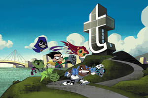 Teen Titans 超級英雄團隊在城市橋樑和巨大 T 塔附近的山丘上奔跑。 — 動畫卡通 壁紙