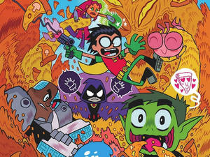 Teen Titans 角色在混亂的披薩主題漫畫場景中。 — 動畫卡通 壁紙