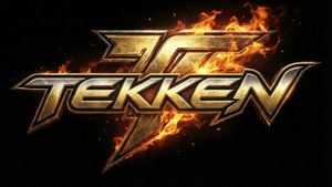 黑色背景上帶有熊熊火焰和金屬質感的 Tekken 標誌