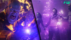 Thanos 咆哮著發光的手套，而星際異攻隊在宇宙紫色光芒中一起站立。 — 石頭 壁紙