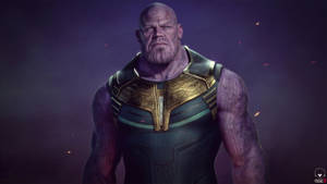Thanos 身穿深色盔甲，周圍有發光的餘燼漂浮。 — 漫威復仇者聯盟 壁紙