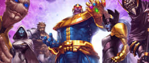 Thanos 手持無限手套，被強大的盟友包圍在宇宙環境中 — 漫威復仇者聯盟 壁紙