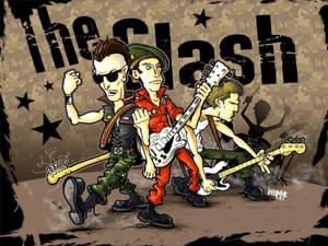 The Clash 樂團成員穿著龐克搖滾裝備在粗糙的舞台上彈吉他。 — 美學音樂 壁紙