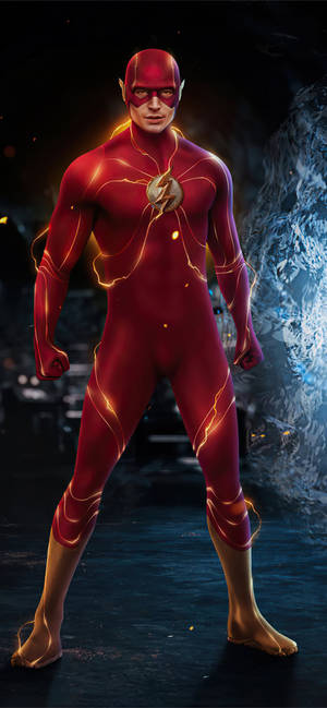 超級英雄 The Flash 身穿紅色戰衣，帶有發光閃電效果，站在冰冷的環境中。 — Galaxy S24 FE 壁紙