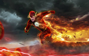 超級英雄 The Flash 在暴風雨中高速奔跑，帶有火焰能量軌跡。