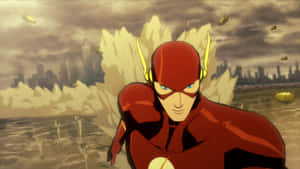 The Flash 在暴風雨的城市中奔跑，子彈在他周圍飛舞。 — 閃電俠 壁紙