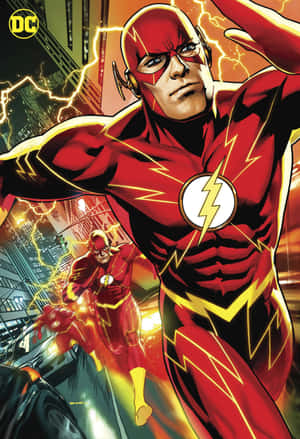 The Flash 身穿紅黃戰衣，帶著閃電效果在城市中奔跑。 — POCO Pad 壁紙