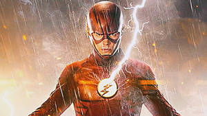 The Flash 超級英雄穿著紅色戰衣，帶有閃電標誌，在暴風雨中。 — 蛙吹梅雨 壁紙