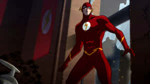 身穿紅色戰衣的超級英雄 The Flash 夜晚站在受損的建築物中。 — 閃電俠 壁紙