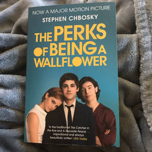 灰色毛毯上的《The Perks of Being a Wallflower》書封面。 — 壁花男孩的青春 壁紙