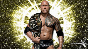 The Rock 手持WWE冠軍腰帶，背景是發光的金色。