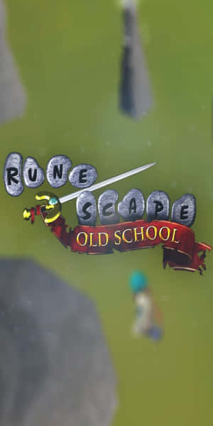 RuneScape Old School 遊戲標誌，劍穿過石頭字母，背景有一個角色。 — Google Pixel 3 壁紙