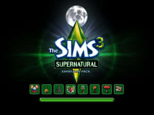 《The Sims 3 Supernatural》資料片標誌，帶有綠色光芒和滿月。 — 電玩遊戲 GIF 壁紙