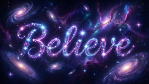 由閃爍星星組成的「Believe」一詞，置於充滿漩渦星系的鮮豔宇宙背景上。