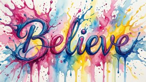 鮮豔的水彩潑灑，帶有流暢字體的「Believe」一詞。