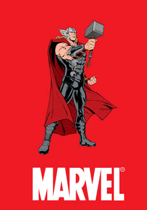 Thor身穿盔甲，在帶有Marvel標誌的紅色背景前手持Mjolnir。 — OnePlus Pad Go 2 壁紙
