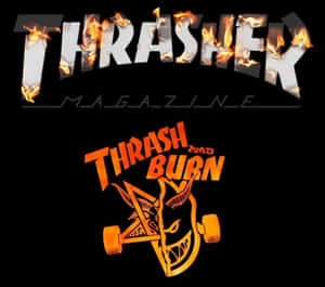 Thrasher 雜誌標誌，帶有火焰和魔鬼風格的滑板圖案。 — Thrasher 壁紙