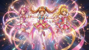 三個穿著魔法服裝的快樂動漫女孩在發光的宇宙漩渦中跳舞。