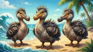 三隻卡通渡渡鳥在熱帶海灘上，有海浪和棕櫚樹。