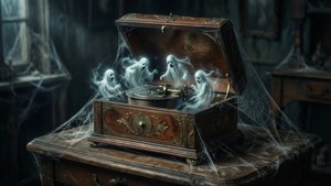 三個發光的鬼魂從一個佈滿蜘蛛網的舊塵音樂盒中飄出。