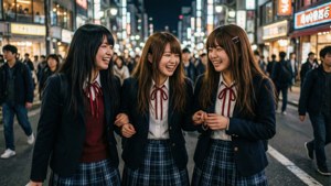 三個穿著制服、開心嘅女學生喺夜晚繁忙嘅霓虹燈城市街道上齊齊笑。