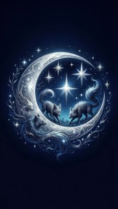 三隻狼在滿是星星的彎月下跳舞。