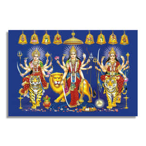 三位印度教女神騎著老虎和獅子，帶有神聖符號和金色鈴鐺。 — Maa Durga 壁紙