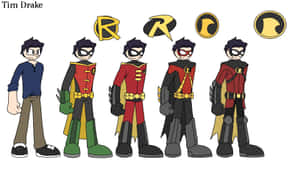 Tim Drake 以五種羅賓超級英雄服裝及標誌變體展示。 — 羅賓漢 壁紙
