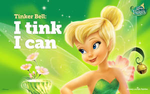 穿著綠色連衣裙的Tinker Bell微笑著，引用語句 I tink I can — 奇妙仙子 動圖 壁紙