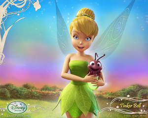 Tinker Bell 在色彩繽紛的暮色花園場景中手持一隻小昆蟲。 — 奇妙仙子 動圖 壁紙