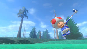 Toad 在森林中打高爾夫球，有藍天和綠草。 — 迪士尼樂園 壁紙