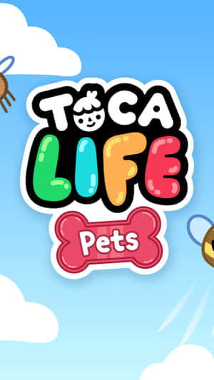 Toca Life Pets 遊戲標誌，帶有俏皮彩色字母和天空背景中的骨頭圖標。 — 托卡生活 壁紙