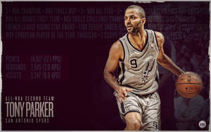 Tony Parker 身穿聖安東尼奧馬刺球衣運球，並顯示職業生涯統計數據和獎項。 — 彼得·帕克 壁紙