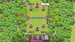 Clash Royale game screen showing battle arena with towers and trees
