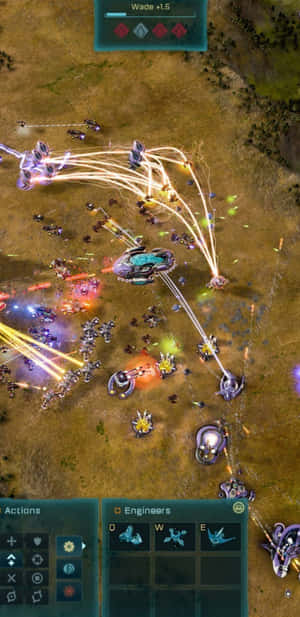 Futuristic sci-fi strategy game battle with energy beams and units on a barren battlefield. — Pixel 4 壁紙