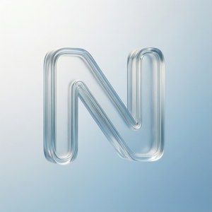 一個透明玻璃字母N漂浮在漸變藍色背景中。
