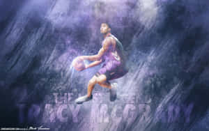 Tracy McGrady 在半空中運球，背景是宇宙紫色。 — 籃球 迈克尔·乔丹 壁紙
