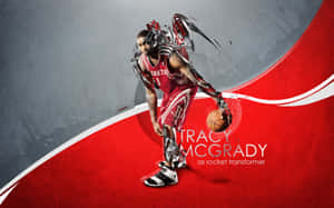 Tracy McGrady 身穿火箭隊球衣，帶有金屬翅膀，在紅色背景上運球。 — 籃球 迈克尔·乔丹 壁紙