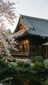 傳統日本寺廟，黎明時分櫻花倒映在池塘中。
