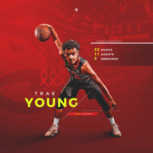 Trae Young 穿著老鷹隊服準備投籃，並顯示比賽統計數據。 — 克里夫蘭騎士隊 壁紙