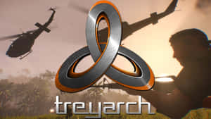 日落叢林中帶有直升機和士兵的 Treyarch 標誌 — 遊戲玩家標誌 壁紙