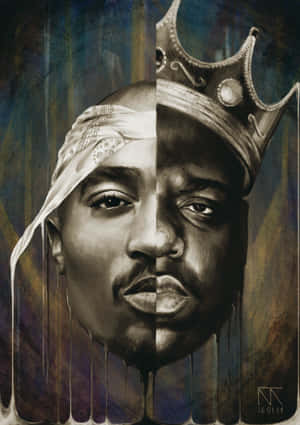 Tupac Shakur 的分割肖像，戴頭巾和皇冠，帶有滴落油漆效果。 — OnePlus Pad 壁紙