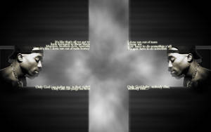 Tupac Shakur 黑白肖像，帶有煙霧和歌詞。
