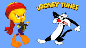 Tweety Bird 和 Sylvester the Cat 在卡通對決中，帶有 Looney Tunes 標誌。 — 生氣 壁紙