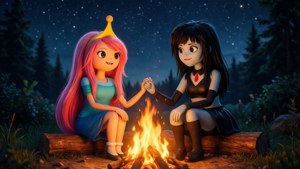 兩個動畫女孩在夜晚的森林中星空下營火旁手牽手。