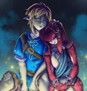 兩個穿著奇幻服裝的動漫角色在星空下溫暖擁抱。 — 薩爾達傳說 � Breath of the Wild 壁紙