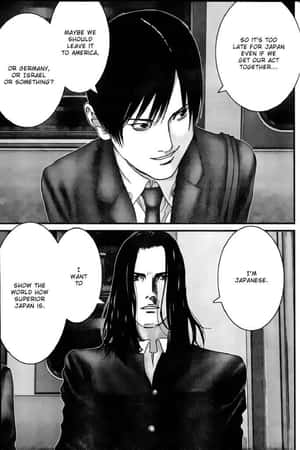 兩個穿著西裝的動漫男子以強烈的表情討論日本的全球地位。 — 日本動漫 壁紙
