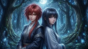 兩個動漫角色在發光的月光森林中背靠背。