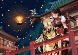 兩個動漫女孩在夜晚的紅橋上，被發光的燈籠和漂浮的靈魂包圍。 — 原神 壁紙