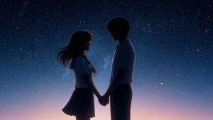 兩個穿著校服的動漫青少年在星空暮色天空下手牽手。